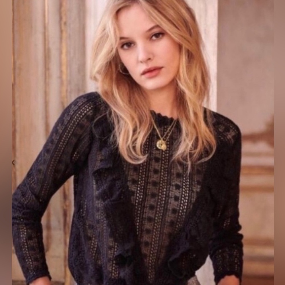 Sezane Black Ruffled Fitted Blouse